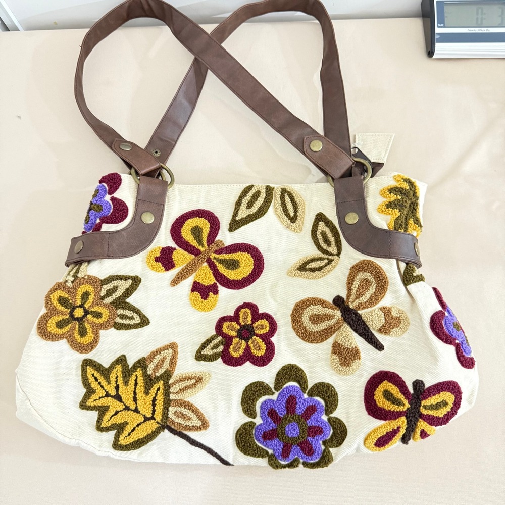 Magnolia Canvas Shoulder Bag‎ Embroidered Floral Butterfly Boho Cream Brown - Picture 6 of 6